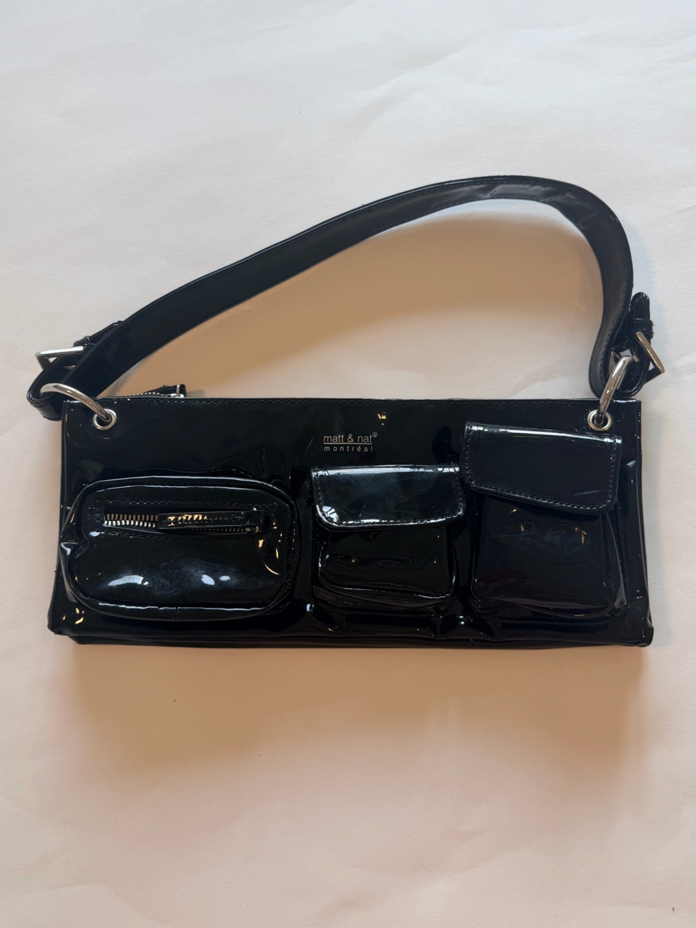 Matt & Nat Montréal Black Patent Multi Pocket Shoulder Bag Y2K